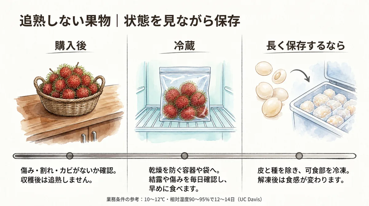 追熟しないランブータンの購入後、冷蔵、冷凍の扱いを示す図