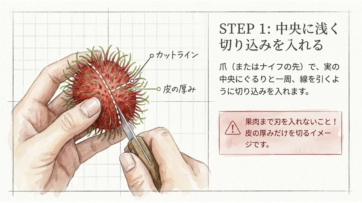 ランブータンの果皮中央に浅い切り込みを入れる様子