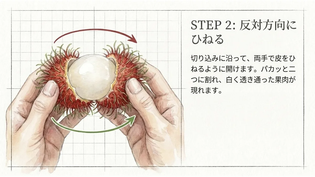 ランブータンの果皮を両手でひねって開く様子