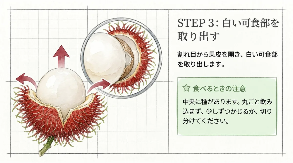 果皮を開いて白い可食部を取り出す手順