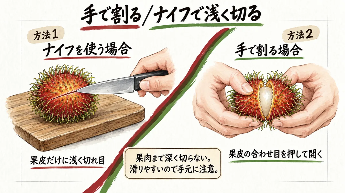 ランブータンを手で割る方法とナイフで浅く切る方法