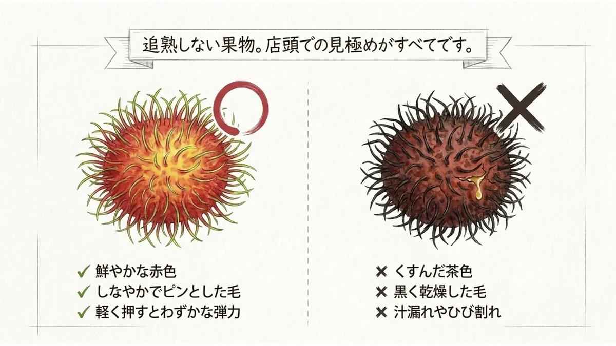 新鮮なランブータンと、乾燥や汁漏れが見られる果実の比較