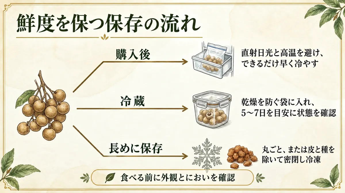 ロンガンを冷蔵・冷凍して保存する流れを示す図