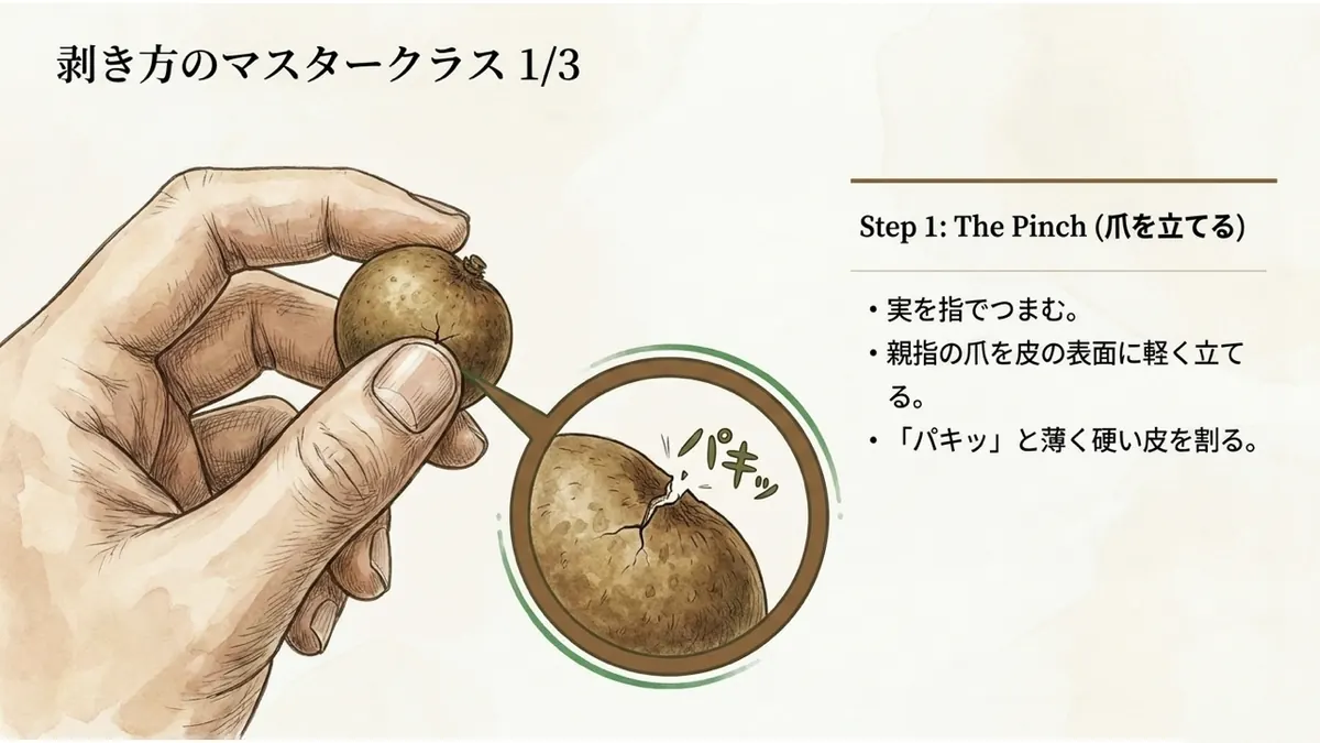 親指をロンガンの皮に当てて割れ目を作る手順