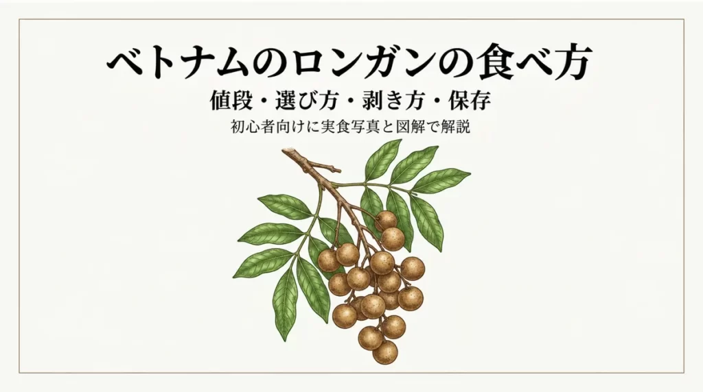 枝付きのロンガンを描き、値段・選び方・剥き方・保存を案内するタイトル画像