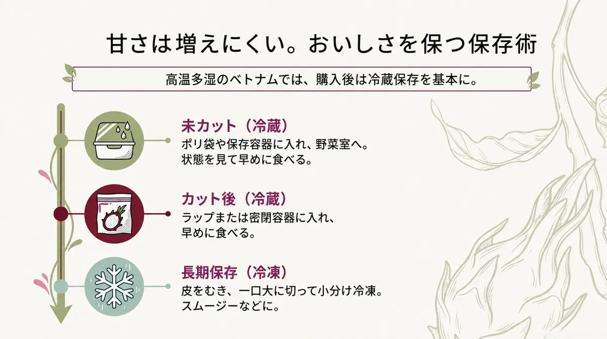 ドラゴンフルーツの未カット、カット後、長期保存の方法を示す図
