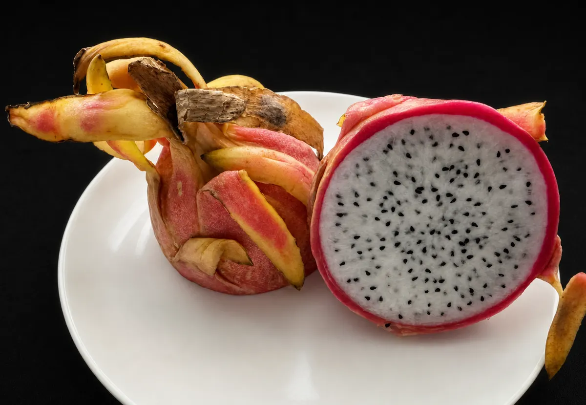 半分に割った白肉種ドラゴンフルーツ。白い果肉に黒い種が無数に散らばる断面と、剥いた皮