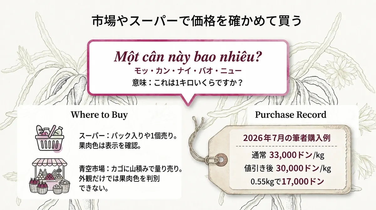 ベトナムでの購入場所、市場で使えるベトナム語、2026年7月の購入例をまとめた図