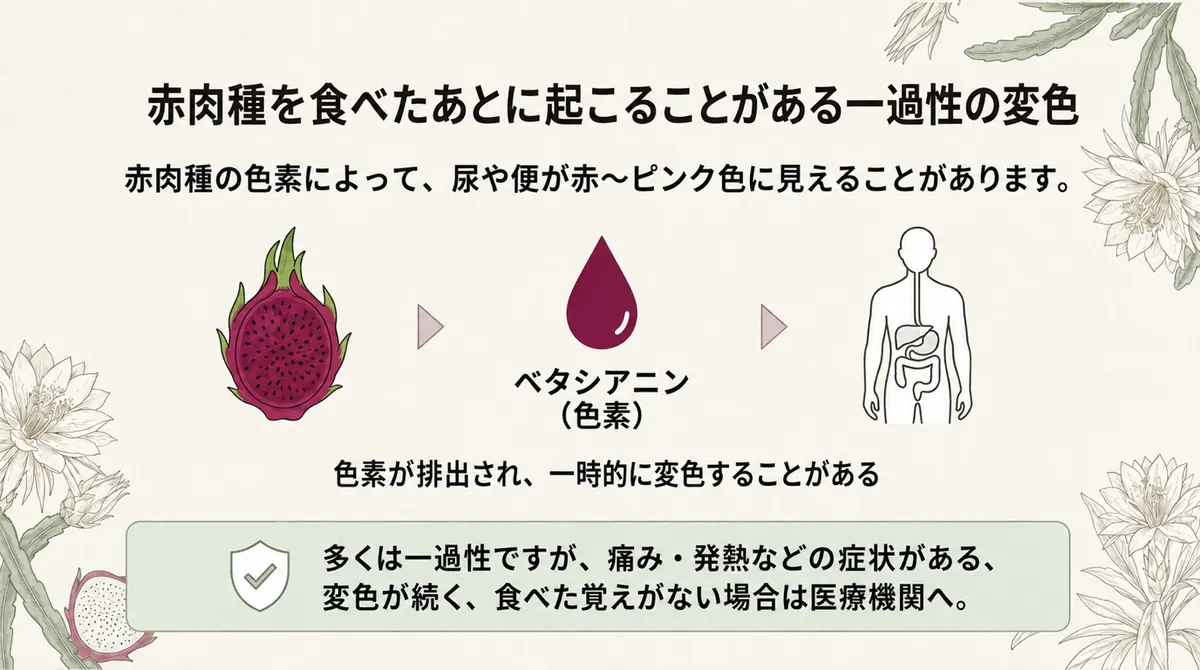 赤肉種の色素で尿や便が一過性に赤く見えることと、受診の目安を示す図