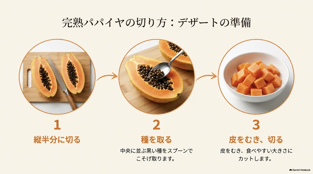 完熟パパイヤを縦半分に切り、種を取り、皮をむく3ステップ