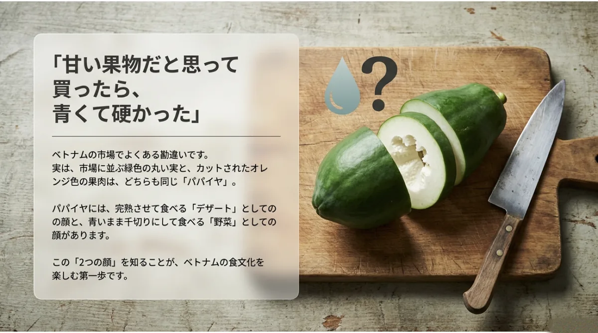 まな板の上の青パパイヤと水滴、クエスチョンマーク