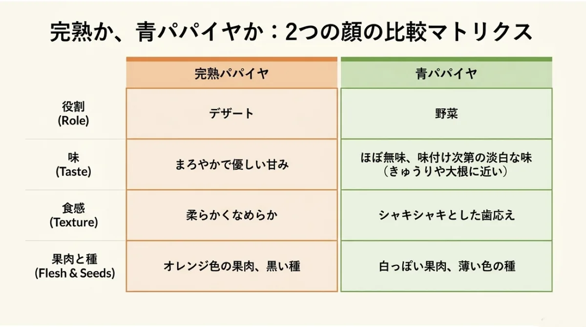 完熟パパイヤと青パパイヤの役割、味、食感、果肉と種を比較した表