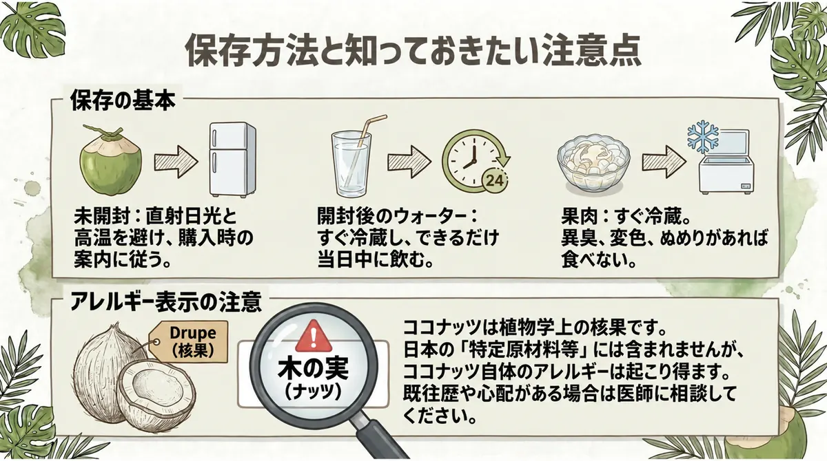 開封後のウォーターと果肉の保存方法、日本のアレルギー表示に関する注意