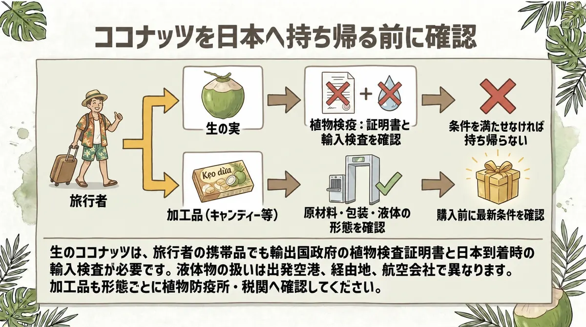 生の実と加工品について植物検疫、税関、空港・航空会社への確認手順を示す図