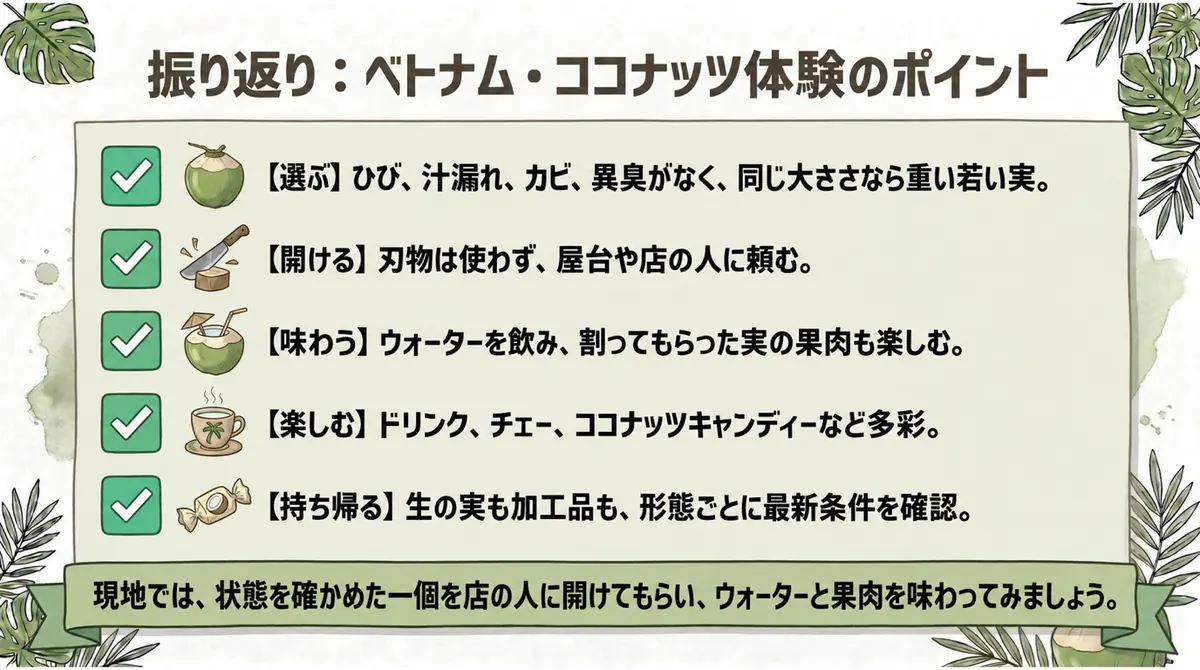 選ぶ・開ける・味わう・楽しむ・持ち帰るの5項目をまとめたチェックリスト