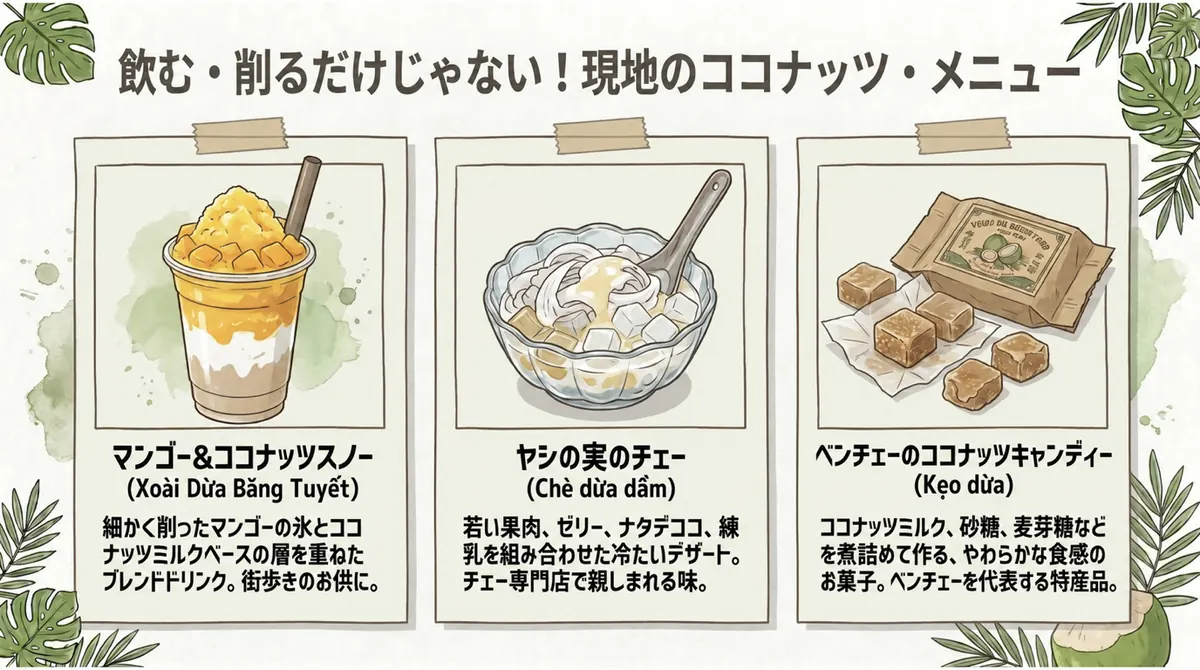 マンゴーとココナッツのドリンク、ヤシの実のチェー、ベンチェーのココナッツキャンディー
