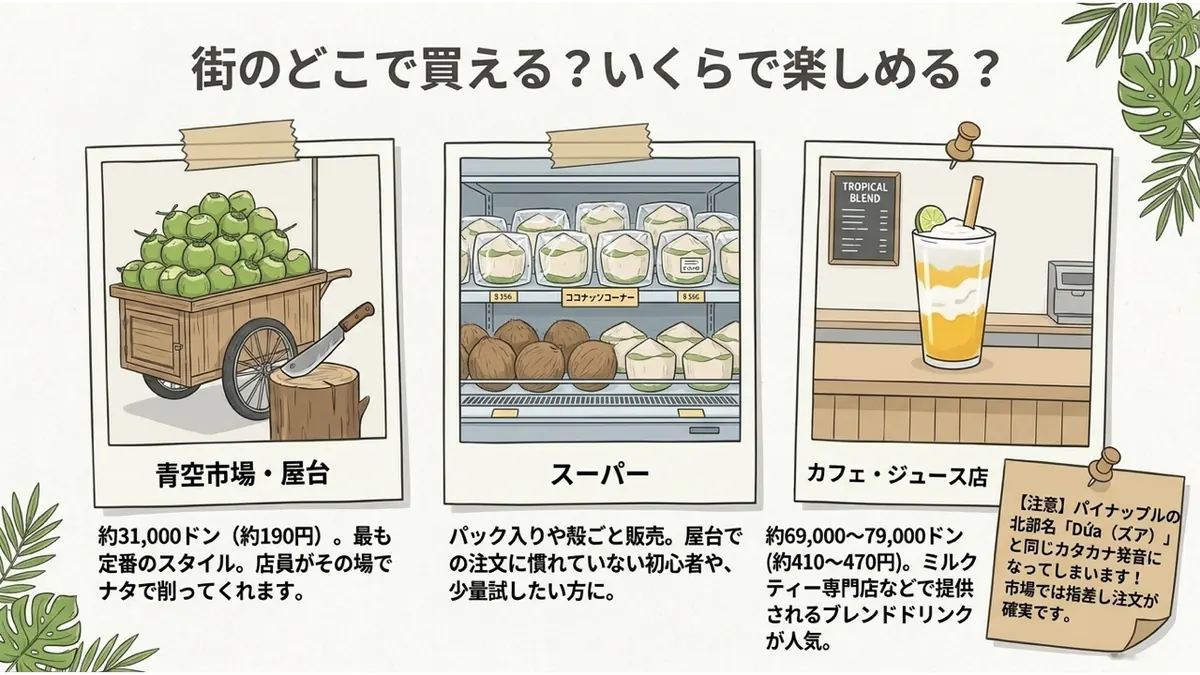 青空市場・スーパー・カフェの3つの購入先と、それぞれの価格の比較イラスト