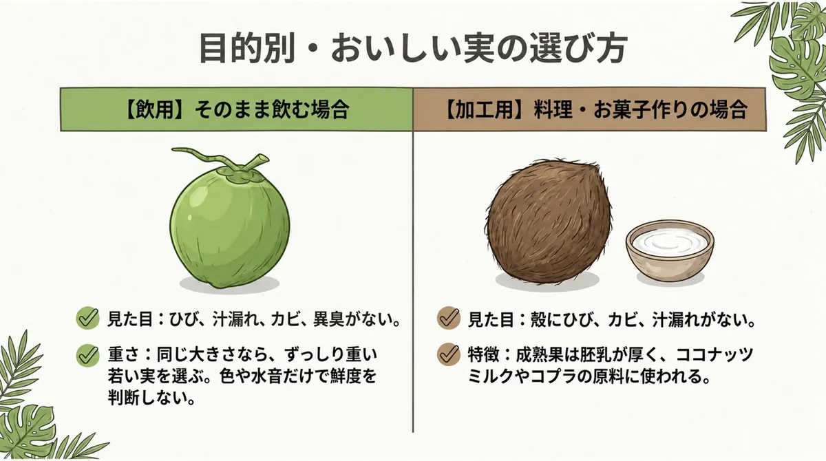 飲用の若い実と加工用の成熟果について、傷みの兆候や重さを確認する選び方