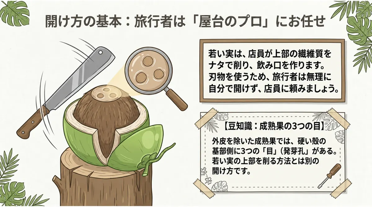 若い実の上部をナタで削る方法と、成熟果の殻の基部側にある3つの発芽孔の説明