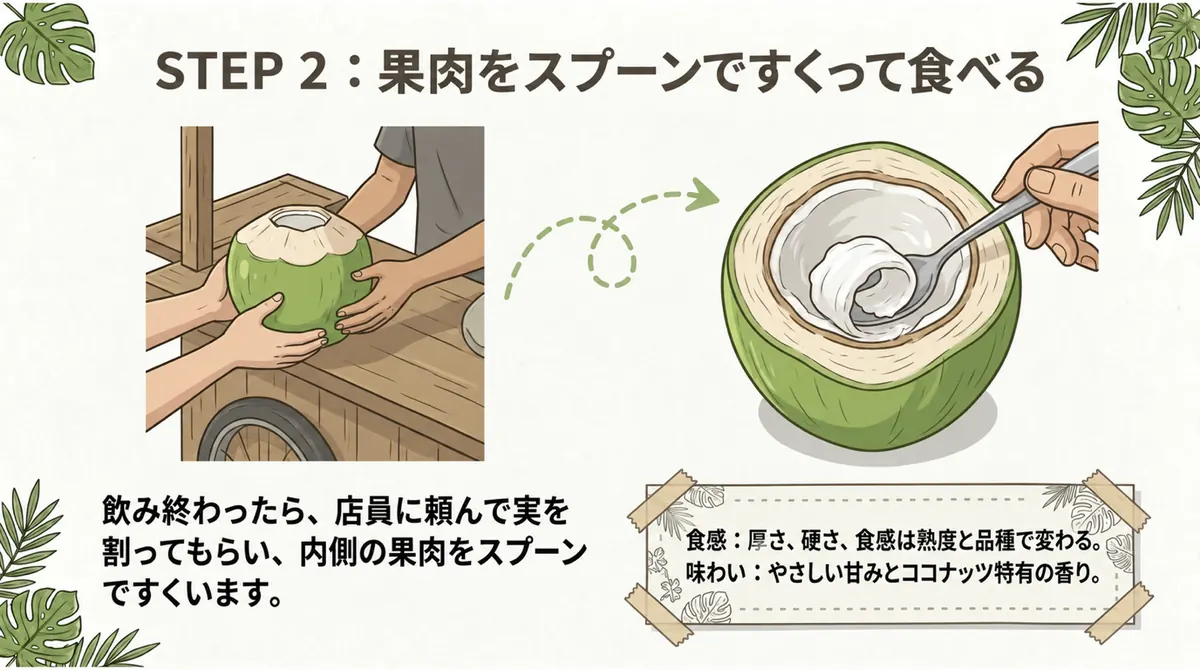 店員に実を割ってもらい、果肉をスプーンですくう様子