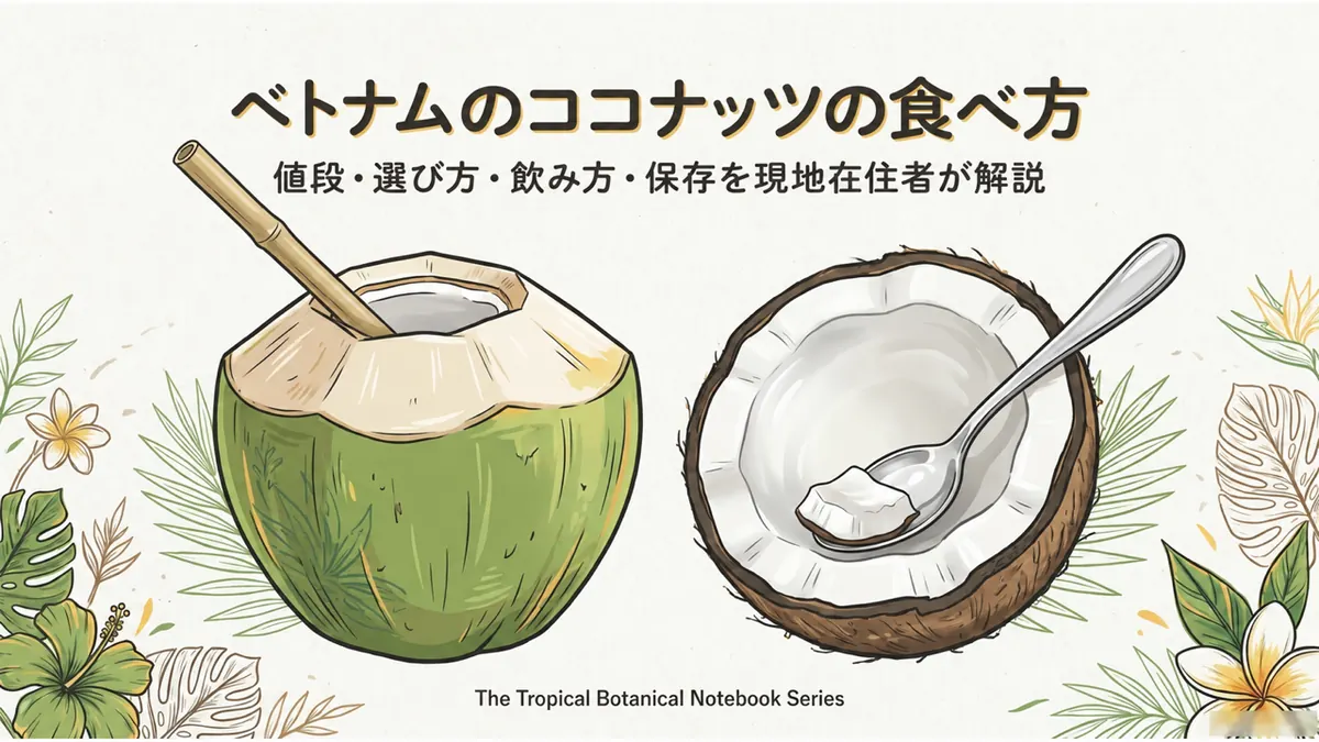 ベトナムのココナッツの食べ方。値段・選び方・飲み方・保存を示すタイトル画像