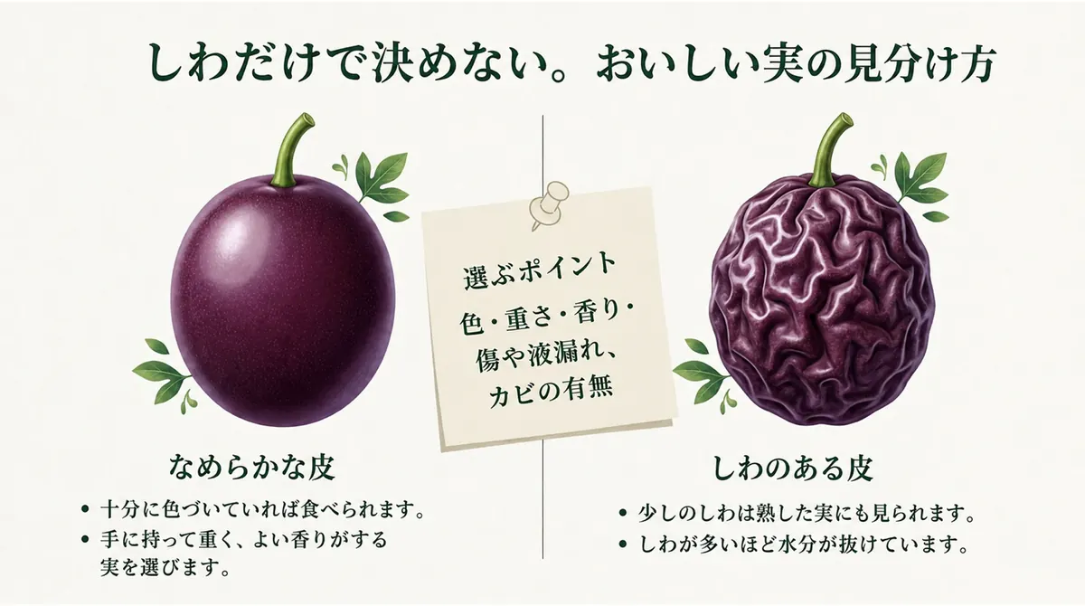 なめらかな皮としわのある皮を比較し、十分な色づき・重さ・香り・傷や液漏れ・カビの有無で選ぶこと、しわが多いほど水分が抜けていることを示す図