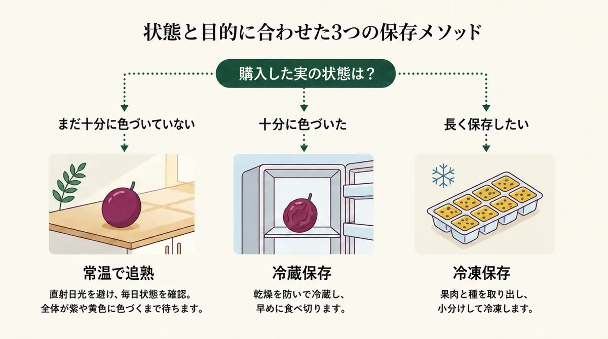 まだ十分に色づいていない実は常温で追熟し、十分に色づいた実は冷蔵して早めに食べ、長期保存では果肉と種を小分け冷凍する方法を示す図