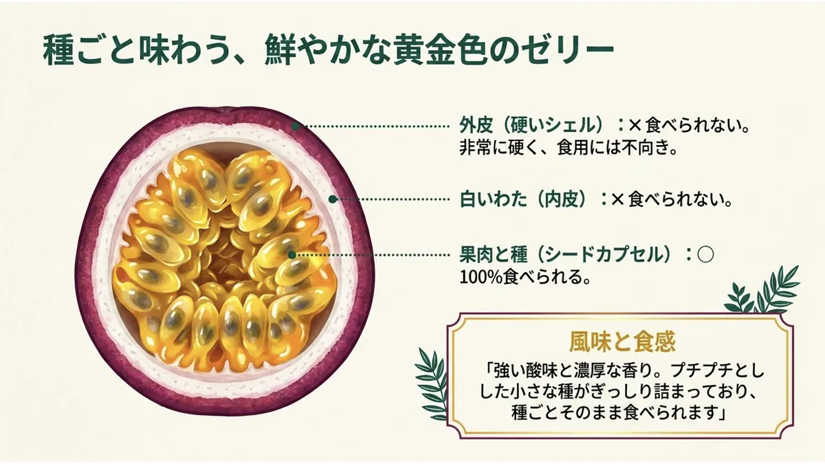 パッションフルーツの断面図。外皮(硬いシェル)は食べられない、白いわた(内皮)も食べられない、果肉と種(シードカプセル)は100%食べられる、という可食部位を示す図
