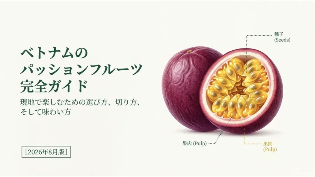 ベトナムのパッションフルーツ完全ガイド:現地で楽しむための選び方、切り方、そして味わい方というタイトルビジュアル。断面図付き