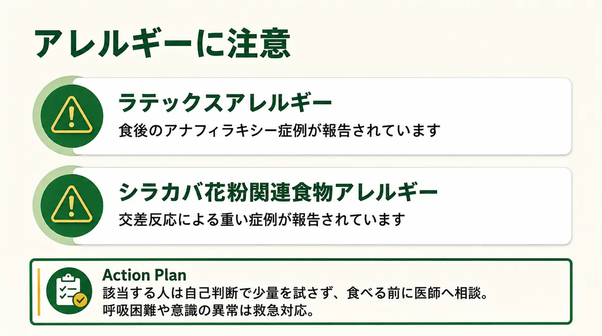 ラテックスアレルギーやカバノキ花粉症がある人に交差反応の症例が報告されていることを示す図
