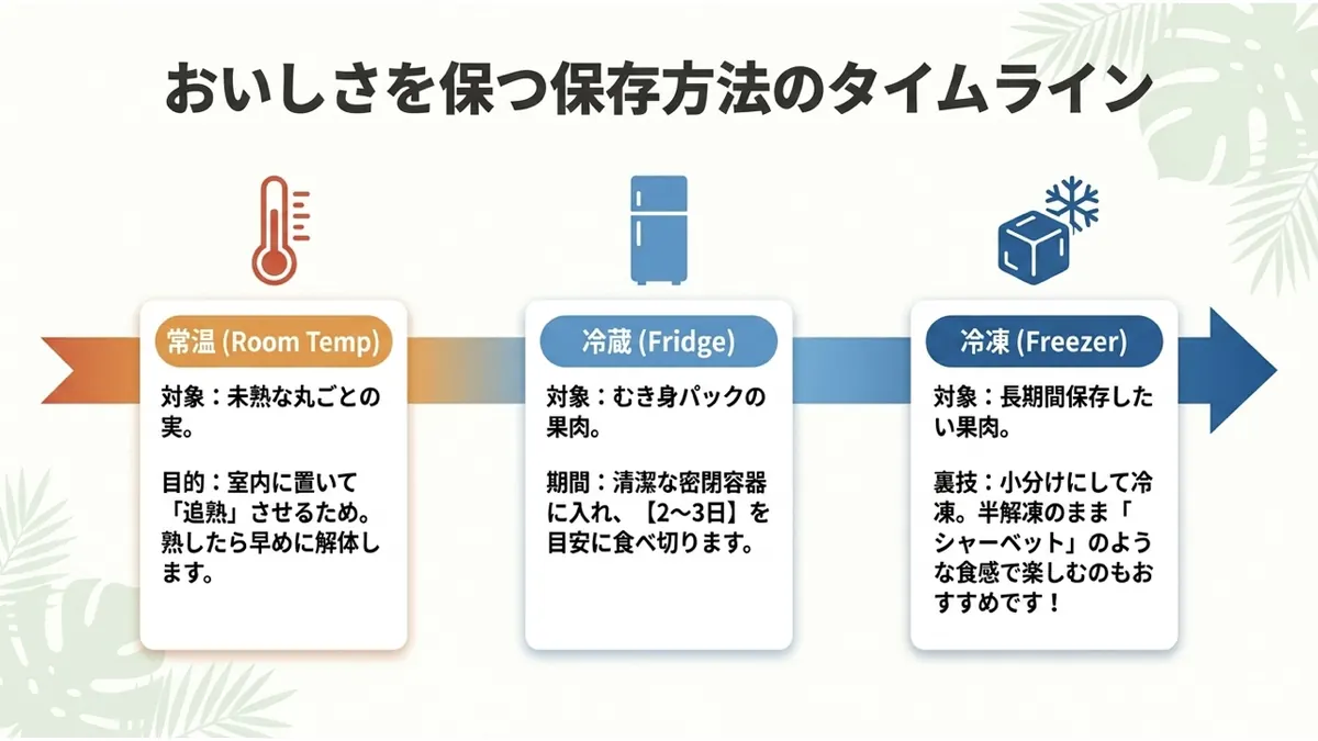 おいしさを保つ保存方法のタイムライン。常温(Room Temp、対象:未熟な丸ごとの実。目的:室内に置いて「追熟」させるため。熟したら早めに解体する)→冷蔵(Fridge、対象:むき身パックの果肉。期間:清潔な密閉容器に入れ2〜3日を目安に食べ切る)→冷凍(Freezer、対象:長期間保存したい果肉。裏技:小分けにして冷凍し、半解凍のまま「シャーベット」のような食感で楽しむのもおすすめ)の3段階を示した図