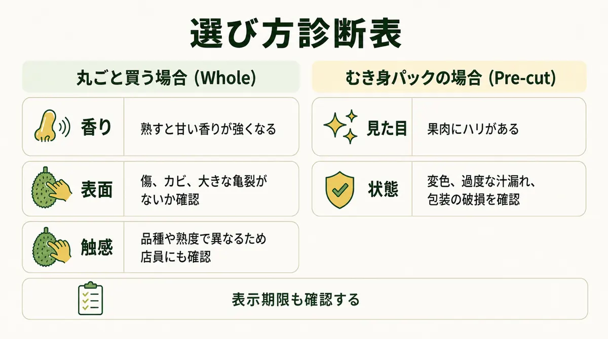 丸ごとの実とむき身パックを選ぶ際の確認点を示す図