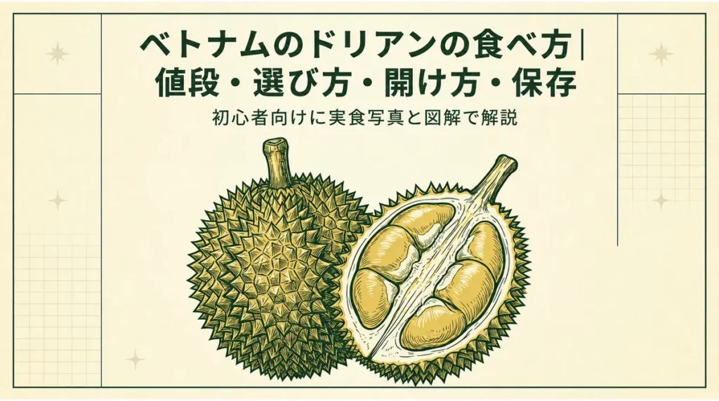 丸ごとと切ったドリアンに「ベトナムのドリアンの食べ方｜値段・選び方・開け方・保存」の文字を配したタイトル画像