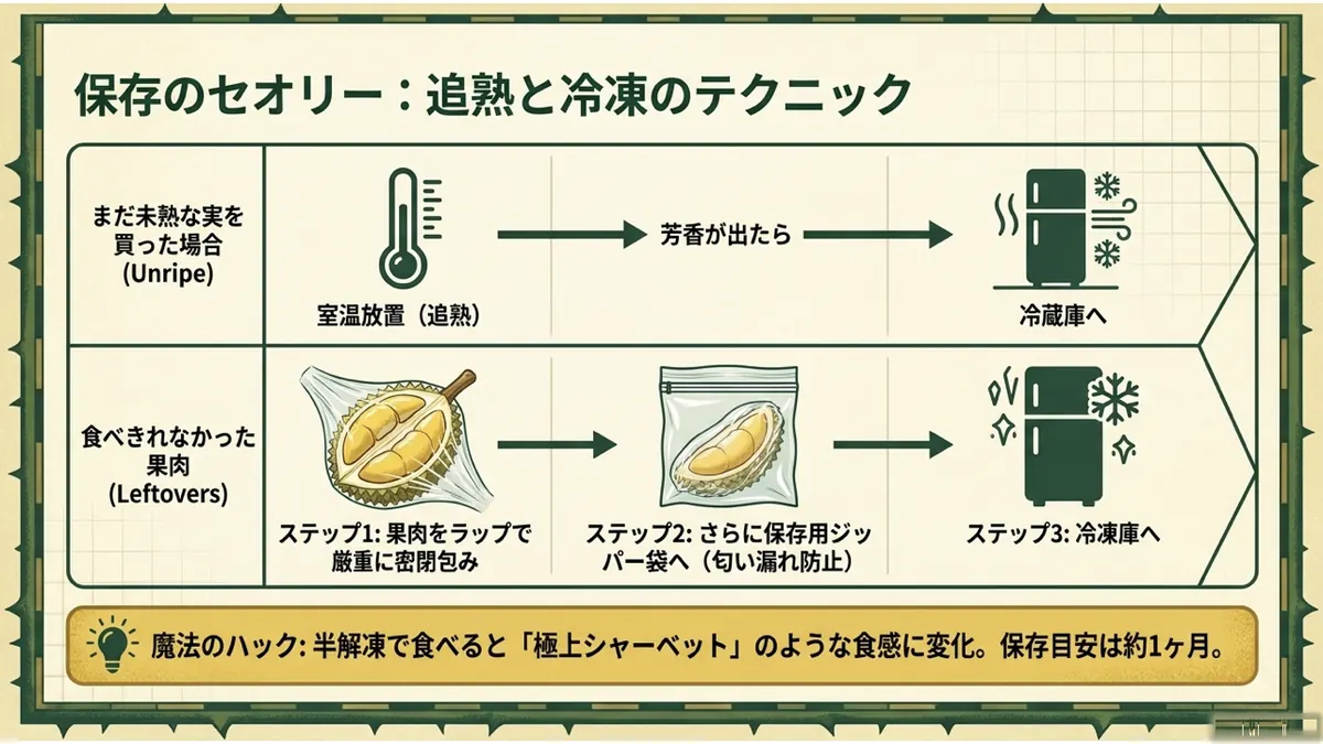 未熟な実の追熟と、果肉を包んで冷凍する手順を示した図