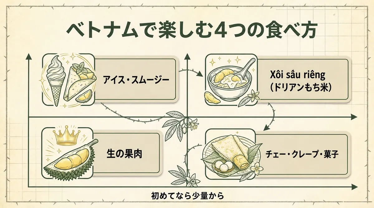 生の果肉、ドリアンもち米、アイスやスムージー、チェーや菓子を示した図