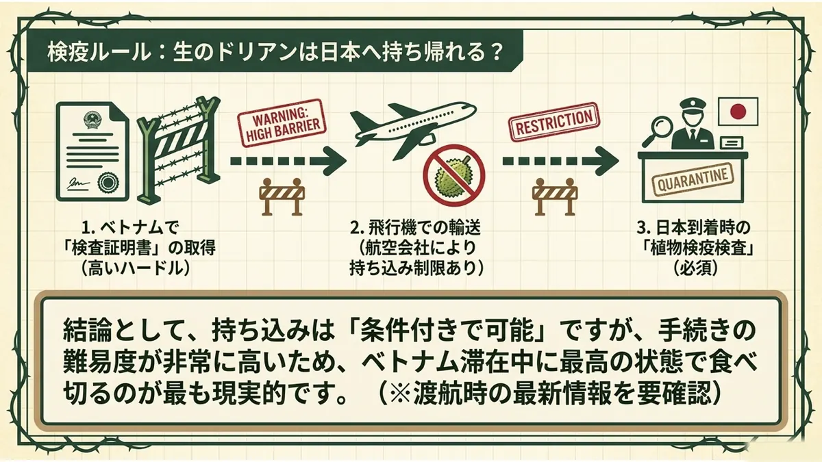 検査証明書の取得、航空会社への確認、日本到着時の植物検疫という流れを示した図