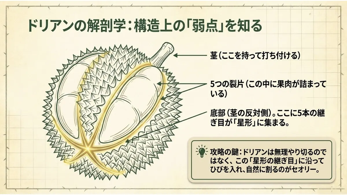 ドリアンの茎、裂片、底に集まる境目を示した解剖図