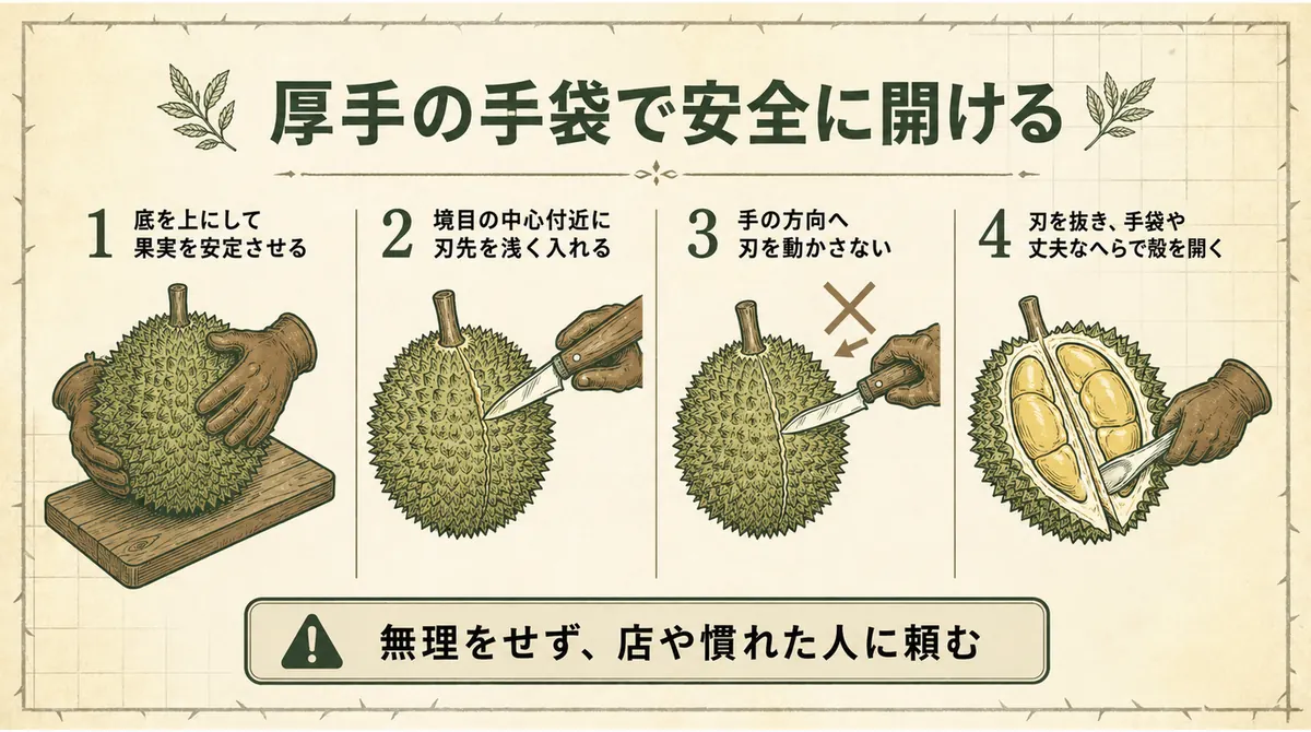 厚手の手袋を使い、ドリアンの底の境目から安全に殻を開く4手順