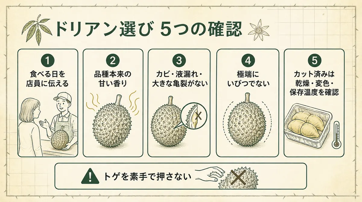 食べる日、香り、果皮、形、カット果肉を確認するドリアン選びの図