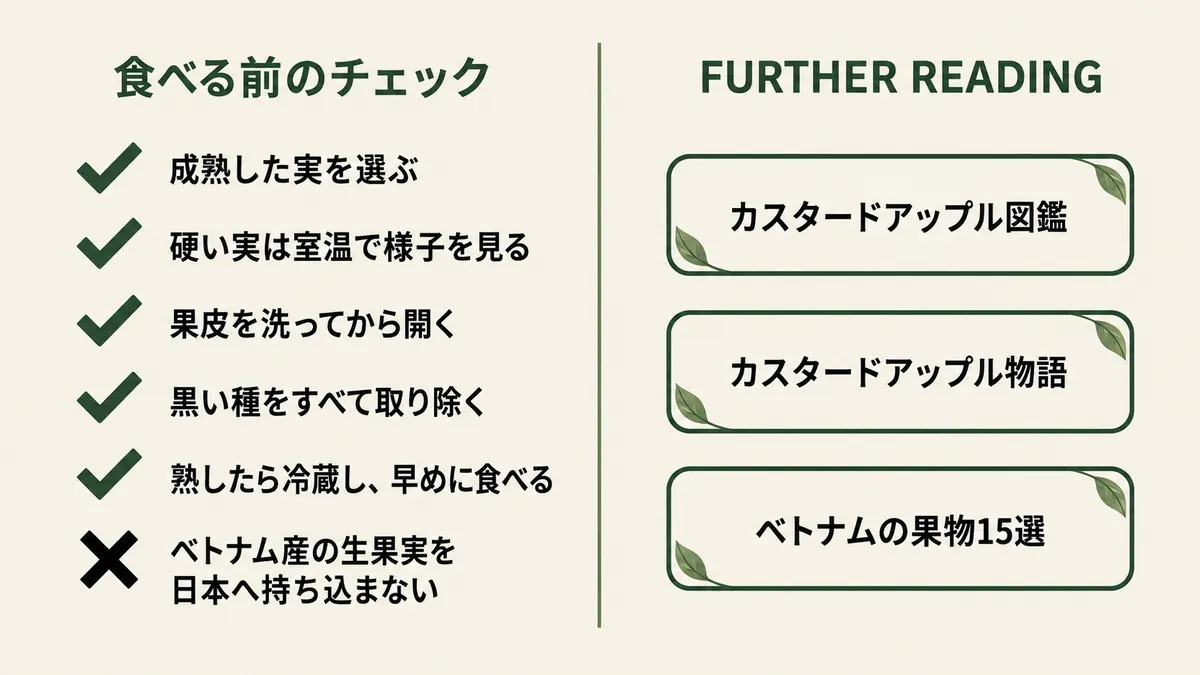 成熟果を選び、硬い実は待ち、種を除き、熟したら冷蔵する食べ方のチェックリスト