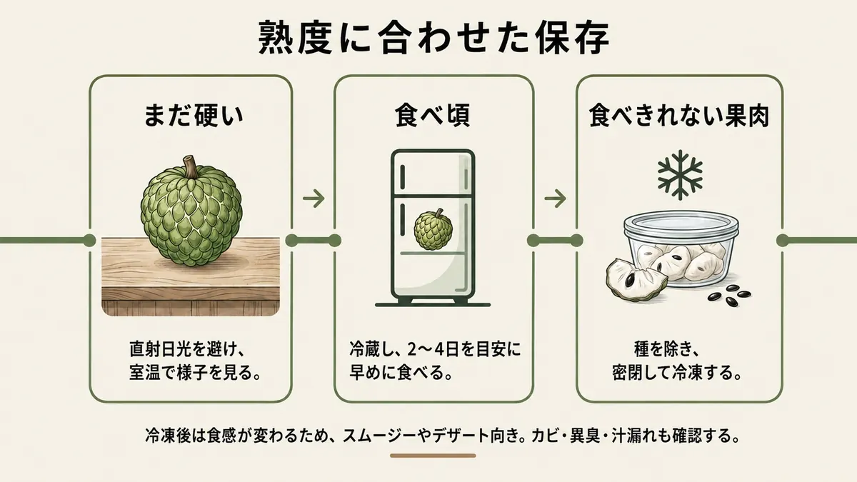 硬い実の追熟、食べ頃の冷蔵、果肉の冷凍を示した保存方法