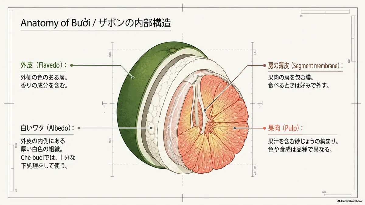 ザボンの外皮、白いワタ、房、薄皮、果肉の内部構造