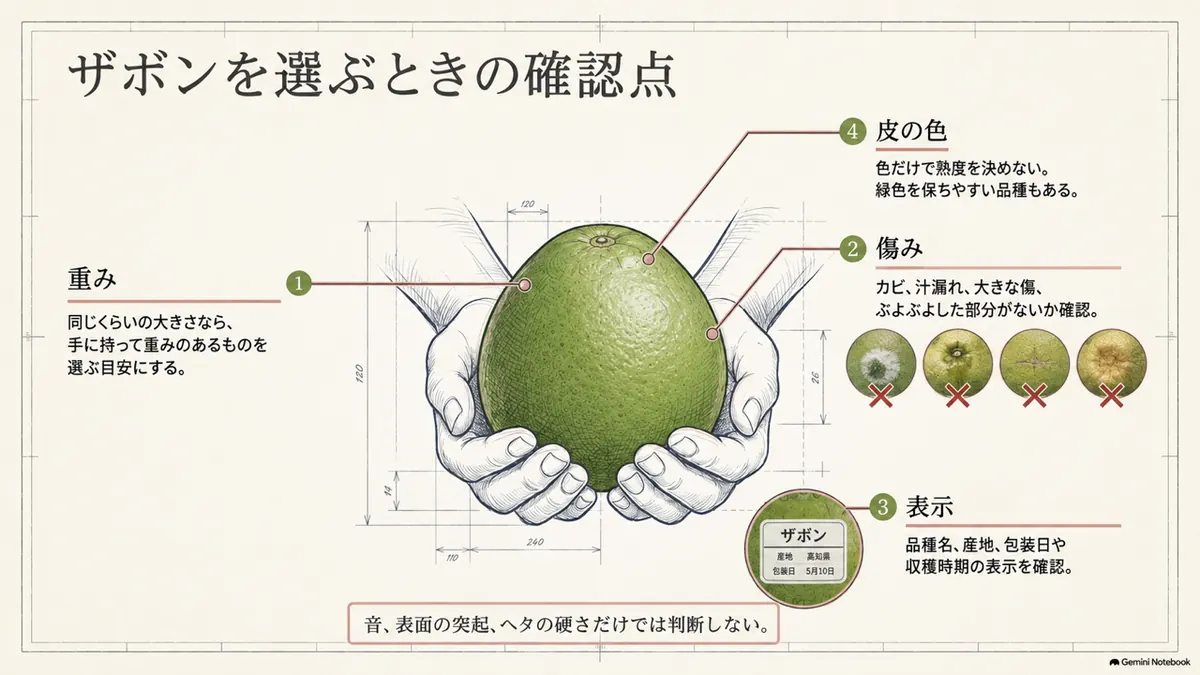 重み、傷、カビ、汁漏れを確認するザボンの選び方