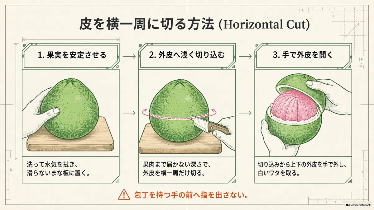 ザボンの上下を薄く切り落として外皮へ切り込みを入れる手順