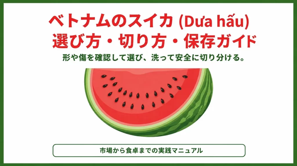 くし形に切られたスイカのイラストと「ベトナムのスイカ（Dưa hấu）食べ方ガイド」というタイトル