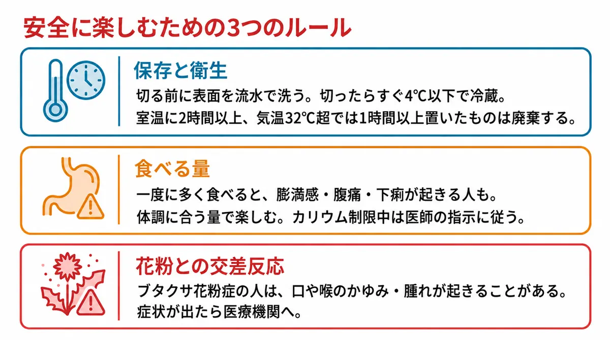 切る前に表面を洗う、切った後は冷蔵保存する、体調やアレルギーに注意するという安全上のポイント