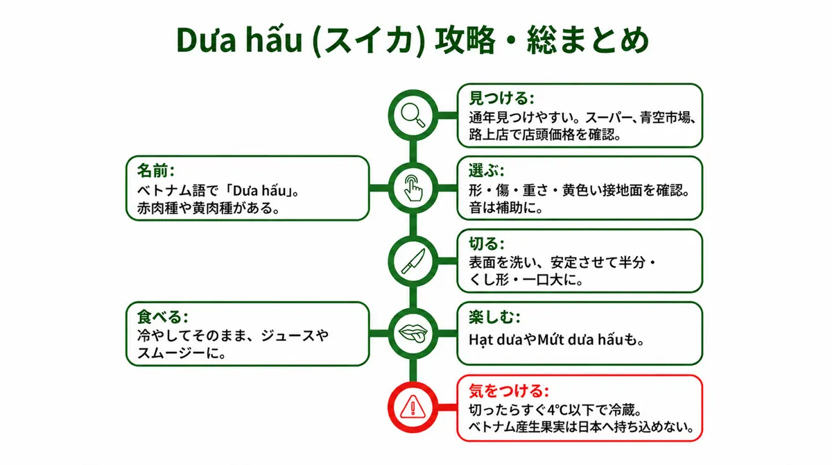 買う・選ぶ・洗う・切る・保存する・持ち帰らないの6項目を示したスイカの食べ方のまとめ