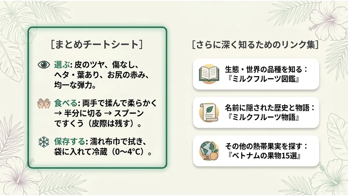 まとめチートシート。選ぶ:皮のツヤ、傷なし、ヘタ・葉あり、お尻の赤み、均一な弾力。食べる:両手で揉んで柔らかく→半分に切る→スプーンですくう(皮際は残す)。保存する:濡れ布巾で拭き、袋に入れて冷蔵(0〜4℃)