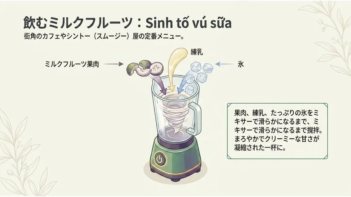 飲むミルクフルーツ:Sinh tố vú sữa。街角のカフェやシントー(スムージー)屋の定番メニュー。ミルクフルーツ果肉+練乳+氷をミキサーで滑らかになるまで撹拌。まろやかでクリーミーな甘さが凝縮された一杯に