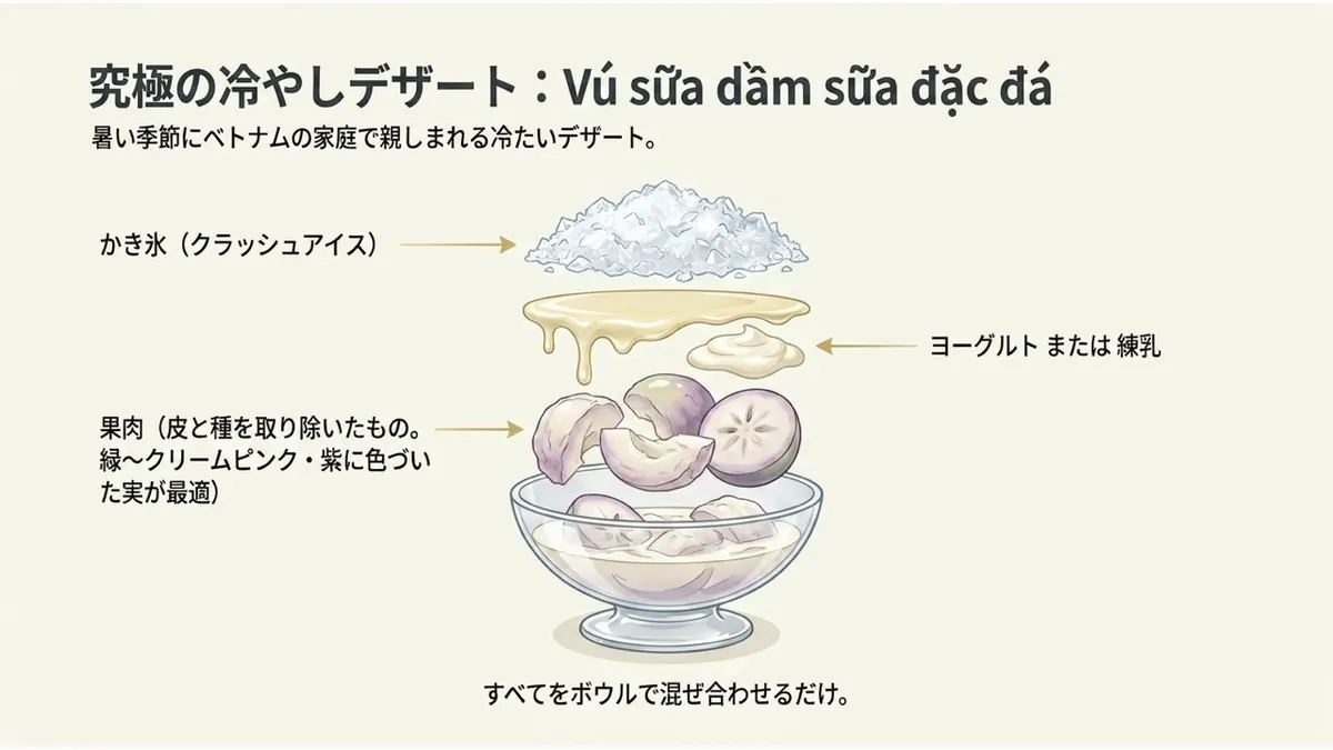究極の冷やしデザート:Vú sữa dầm sữa đặc đá。果肉(皮と種を取り除いたもの。緑〜クリームピンク・紫に色づいた実が最適)+ヨーグルトまたは練乳+かき氷(クラッシュアイス)。すべてをボウルで混ぜ合わせるだけ